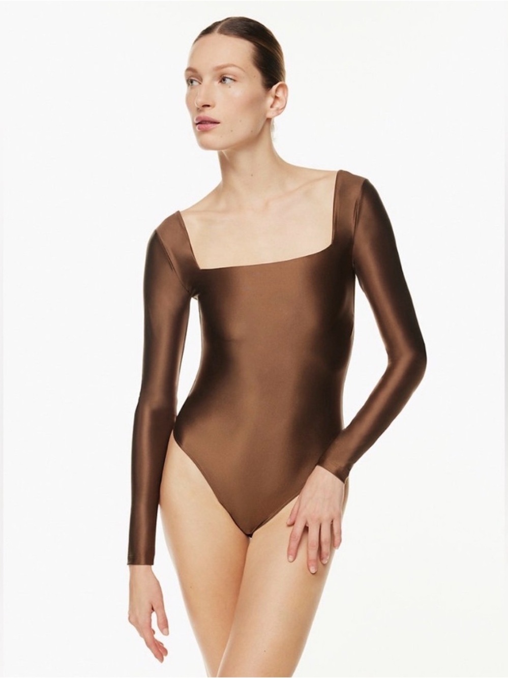 Aritzia Babaton Satin Squareneck Long Sleeve Bodysuit Brown Bronze Small